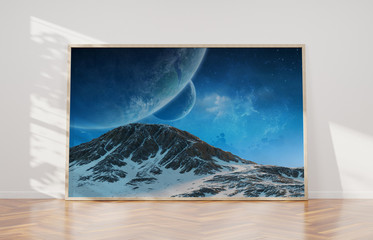 Large horizontal frame leaning on a white wall 3D rendering