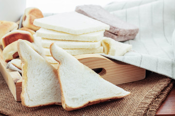 Bread on tray and sack.