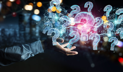 Businessman solving problem with digital question marks 3D rendering