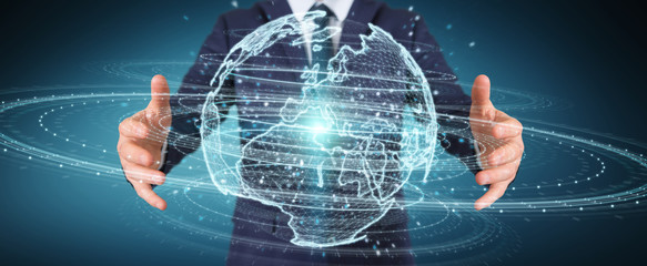 Businessman using globe network hologram with Europe map 3D rendering