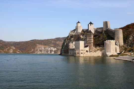 Golubac fortress on Danube river autumn season landscape Serbia