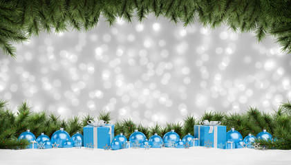 Blue christmas baubles and gifts lined up 3D rendering