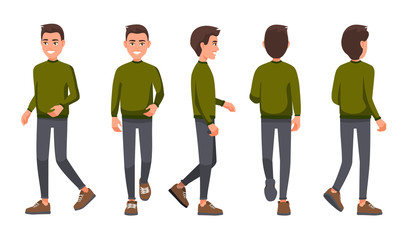 Vector illustration of walking men in casual clothes under the white background. Cartoon realistic people set. Flat young man. Front view man, Side view man, Back side view man, Isometric view. 