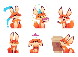 Cartoon fox characters. Orange fluffy wild animals poses and emotions zoo vector illustrations. Fox animal muzzle wicked and pensive