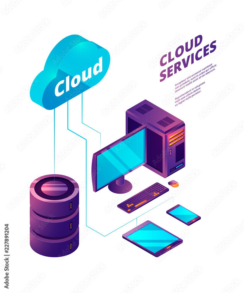 Poster cloud services 3d. online safety computer technologies cloud connection gadgets pc smartphone laptop