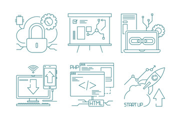 Web development icon. Design and code developers web design production concept symbols search and seo vector. Illustration of optimization management and development web search