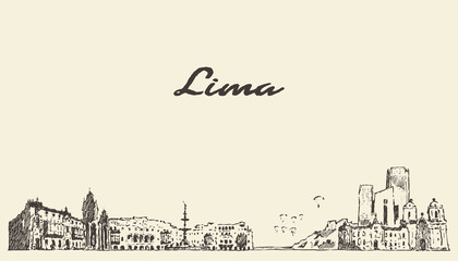 Lima skyline Peru vintage illustration, hand drawn