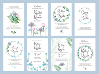 Invitation cards. Wedding floral placards love greeting beauty frames vector illustrations with place for your text. Illustration of invitation card wedding with floral decoration