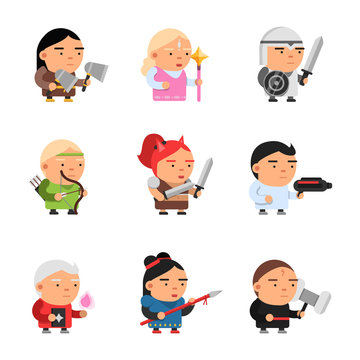Game fantasy characters. Computer 2d gaming fairy tale mascot sprite cartoons knight soldiers elf rpg shooter vector. Illustration of character cartoon game knight and magician