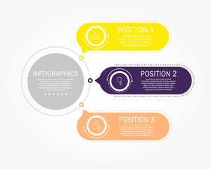 Modern flat vector illustration. Template of circular infographics with three elements, rectangles. Contains text and icons. Designed for business, presentations, web design, diagrams with 3 steps