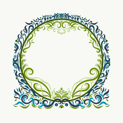 Round frame ornate with elegant curls, green and blue
