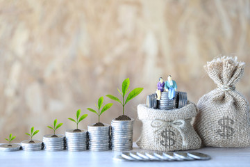 Miniature couple standing on Money bag and plant growing on coins money on wooden background, Business investment and Interest rates concept