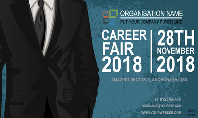 Career fair flyer & poster. Job offer vector EPS 10 isolated on white background. The choice of the best suited employee. Businessman costume as a symbol of chosen one by the recruiter.