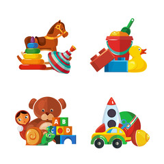 Toys presents. Teddy bear tipper pyramid tumbler snail machine bucket whirligig educational funny game items for kids vector toys collection
