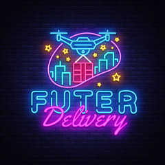 Drone Fast Delivery neon sign vector design template. Future Delivery concept neon logo, light banner design element colorful modern design trend, night bright advertising, bright sign. Vector