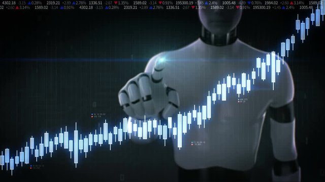 Robot cyborg touched screen, various animated Stock Market charts and graphs. increase line.Artificial Intelligence. 4k animation.2.