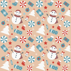Christmas seamless pattern with snowman, Xmas tree, candies, gift stocking and jingle bells. Vintage Christmas ornament with winter holiday decorative elements for fabric and gift wrapping paper.