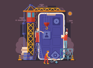 Application development UI illustration in flat design. Mobile app building concept banner with industrial crane and team of workers developing and constructing applications.