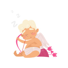 Cute sleeping angel. Cartoon character of baby boy with pink bow and arrows. Cupid with little wings. Flat vector design