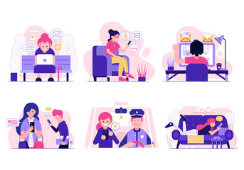 Social network activity and web surfing concept illustrations. Scenes with people using gadgets and devices at home, office and street. Smiling men and women chatting, sharing and sending messages.