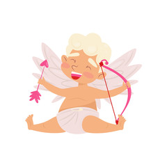 Laughing angel sitting isolated on white background. Baby boy with little wings, pink bow and arrow in hands. Flat vector design