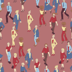 Seamless pattern with business people walking. Cartoon style illustration with men and woman. Casual street fashion vector.