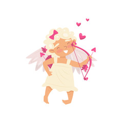 Angel of love with happy face. Adorable baby girl with bow and arrow in hand. Little cupid with wings. Flat vector icon