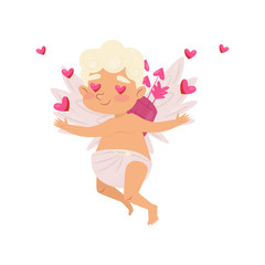 Enamored cupid in flying action. Angel of love. Cartoon character of baby boy with little wings. Flat vector design