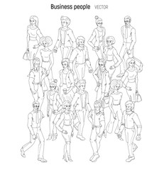 Fototapeta na wymiar People crowd vevtor. Sketch outline black and white style illustration of young men and woman. Street style casual fashion isolated on white background.