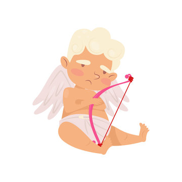 Cute angel of love sitting with sad face expression. Cartoon cupid with little wings. Baby boy with pink bow. Flat vector icon
