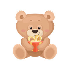 Lovely teddy bear sitting and holding small present. Gift for birthday. Plush toy. Flat vector for greeting card or poster