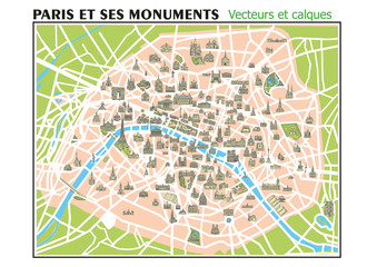 CARTE PARIS ET SES MONUMENTS - Calques-Vecteurs - obrazy, fototapety, plakaty