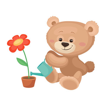 Cute teddy bear with pink cheeks and shiny eyes watering blossoming flower. Plush children toy. Flat vector icon