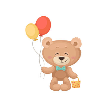 Smiling teddy bear holding balloons and little bag. Adorable plush toy. Flat vector for Birthday greeting card or children book