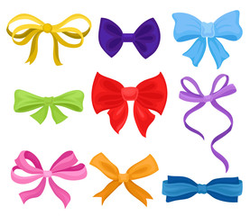 Flat vector set of different bows made of colorful ribbons. Decorative elements for poster, flyer or gift coupon