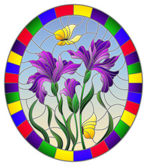 Illustration in stained glass style flower of purple irises and butterflies on a blue background in a bright frame,oval  image