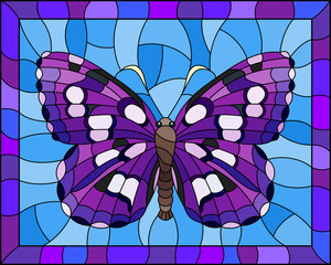 Illustration in stained glass style with bright purple hawk moth on a blue background in a bright frame