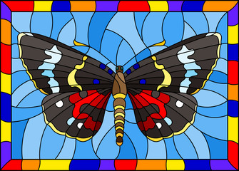 Illustration in stained glass style with bright dark moth on a blue background in a bright frame