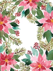  Christmas floral arrangement of poinsettia, spruce and red berries. Watercolor composition of evergreen plants © IMR