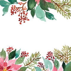 Christmas watercolor evergreen plants. Template arrangement of poinsettia, spruce and red berries