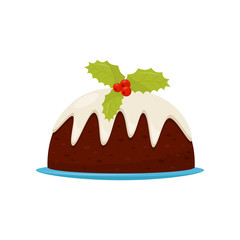 Traditional Christmas pudding with cream and red berries with green leaves. Delicious holiday dessert. Flat vector design