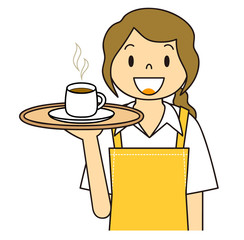 女性　ウエイトレス　ホットコーヒーを運ぶ