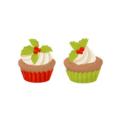 Tasty Christmas cupcakes decorated with whipped cream and red berries with green leaves. Holiday dessert. Flat vector icon