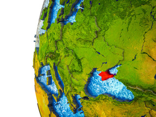 Crimea highlighted on 3D Earth with visible countries and watery oceans.