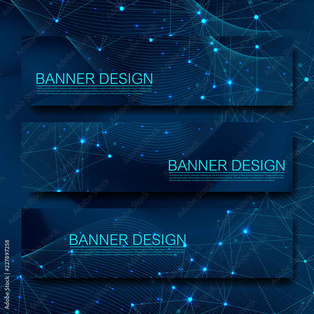 Poster Abstract molecules banners set with lines, dots, circles, polygons. Vector design network communication background. Futuristic digital science technology concept for web banner template or brochure.
