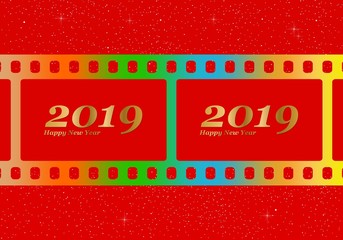 New year greetings for 2019 with colorful blank film and photographic window with golden inscription Happy new year and number 2019 on a red background with starts
