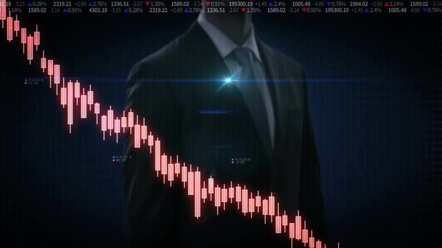 Businessman touched screen, various animated Stock Market charts and graphs. decrease blue digital chart. 4k animation.1.
