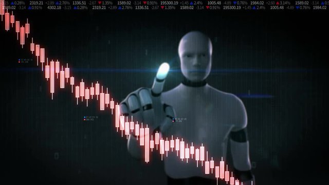 Robot cyborg touched screen, various animated Stock Market charts and graphs. decrease line.Artificial Intelligence. 4k animation.1.