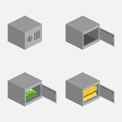Isometric safe. Set of isometric safe boxes. Safe boxe filled with gold, coins, money.