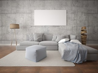 Mock up modern living room with large gray sofa and stylish hipster backdrop.
